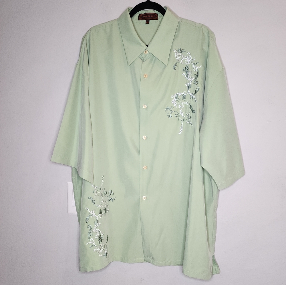 Creme De Silk Silk Hemp Embroidered Green‎ Short Sleeve Button Front Shirt 4X